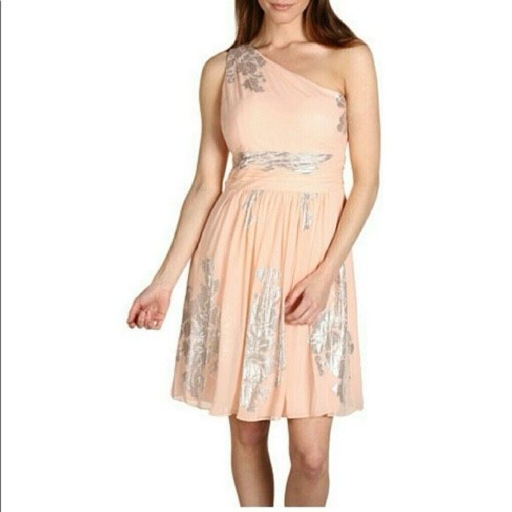 Eliza J Silk Chiffon W/Silver Foil One Shoulder Dress‎ Sz 6 Cocktail, Wedding